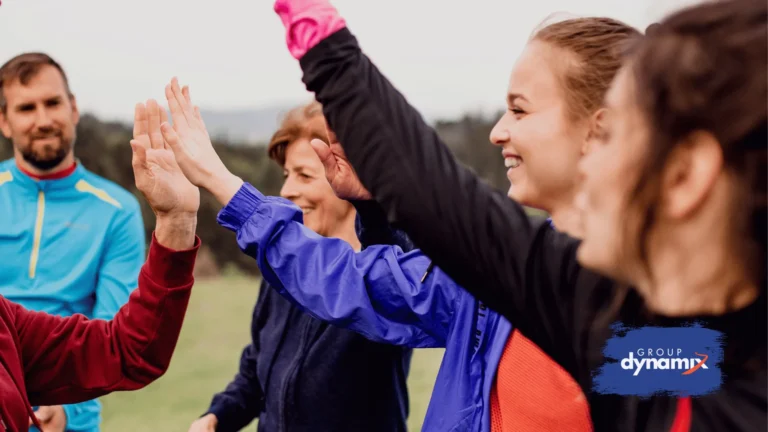 Group team building activity outside in the fall.