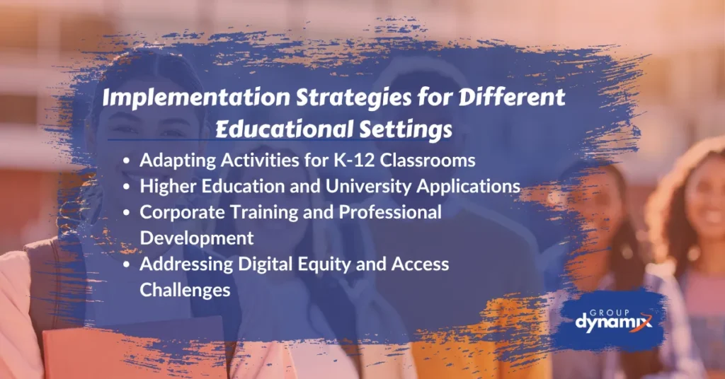 Implementation strategies for team building and experiential learning across K-12 classrooms, higher education, corporate training, and digital equity programs with Group Dynamix branding.