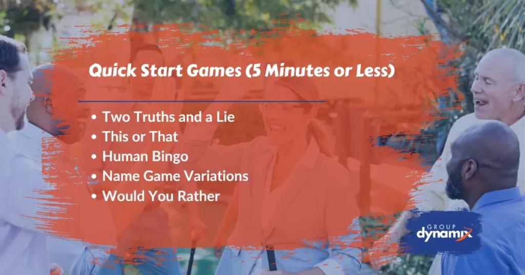 Coworkers laughing and engaging in icebreaker activities outdoors with an overlaid list of quick start games including Two Truths and a Lie, Human Bingo, and Would You Rather.