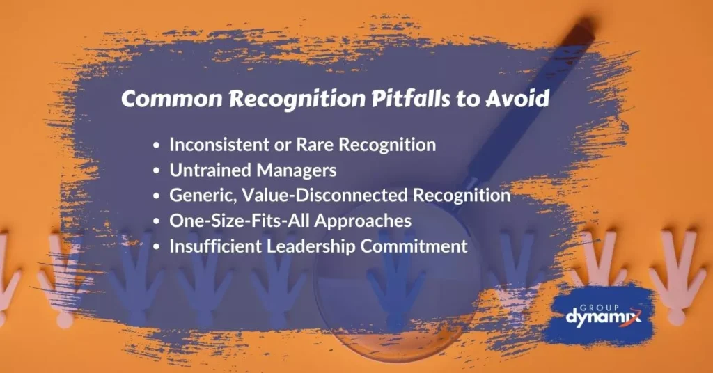 Infographic listing common recognition pitfalls to avoid when planning employee recognition day ideas for managers and teams.