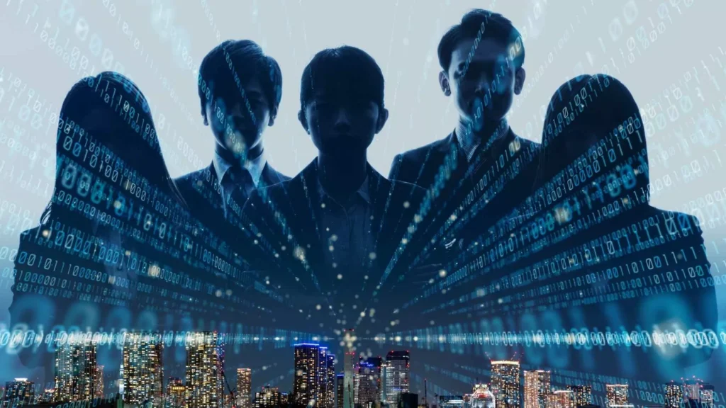Silhouettes of professionals with digital data overlay symbolizing creative engagement activities for remote teams and virtual collaboration in 2025.