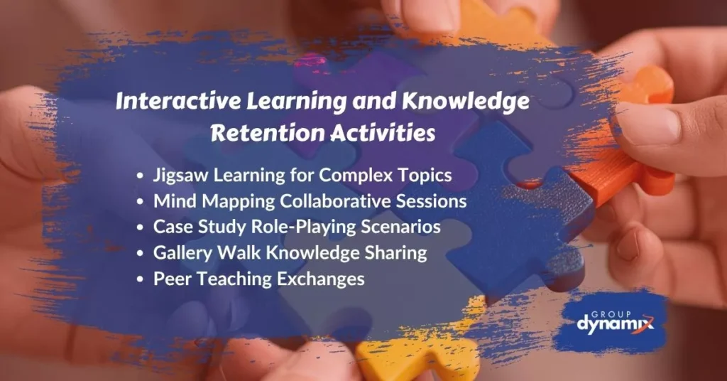 List of fun staff training ideas featuring interactive learning and knowledge retention activities like jigsaw learning and role-playing sessions.