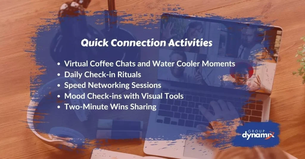 List of quick connection ideas showing engagement activities for remote teams including virtual coffee chats, check-ins, and networking sessions.
