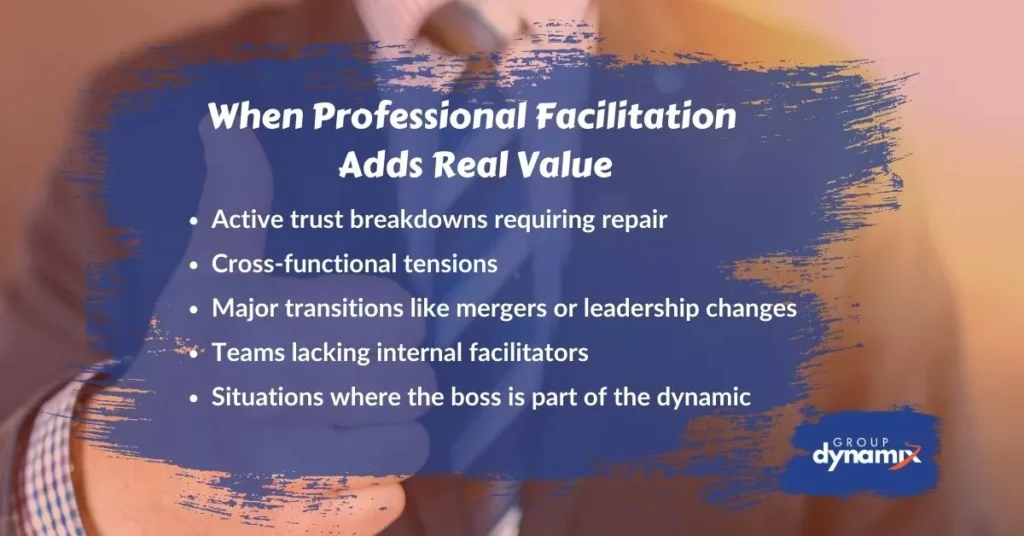 Slide outlining when professional facilitation supports affordable team building activities during trust breakdowns, transitions, and team challenges.